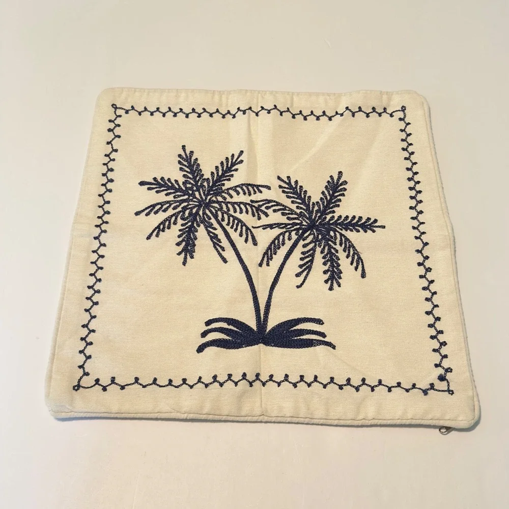 Navy Blue Embroidered Palm Tree Cream Throw Pillow Cover 15.5X15.5